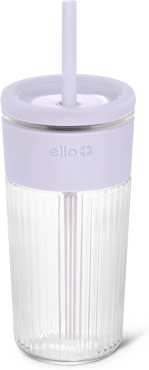 Ello Ava 18oz Glass Tumbler with Straw and Lid for Iced Coffee, Sugarplum
