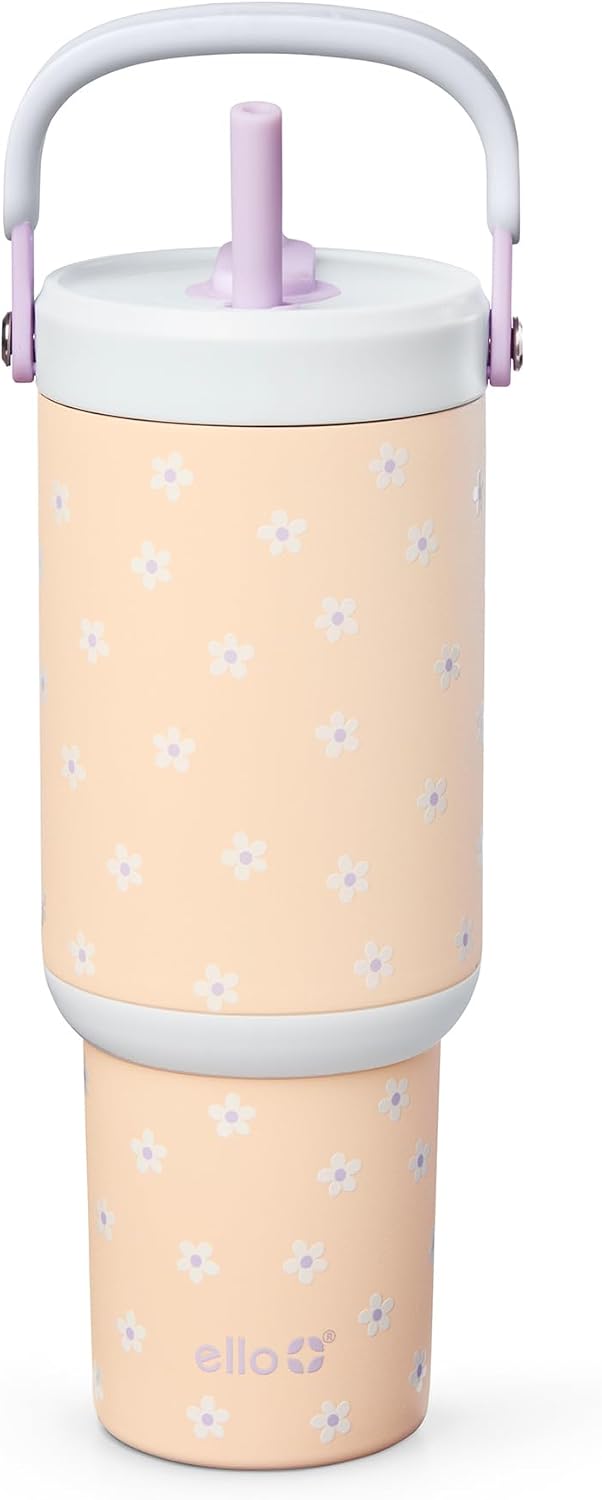 Ello Oasis Go+ 26oz Insulated Stainless Steel Tumbler with Straw, Daisies