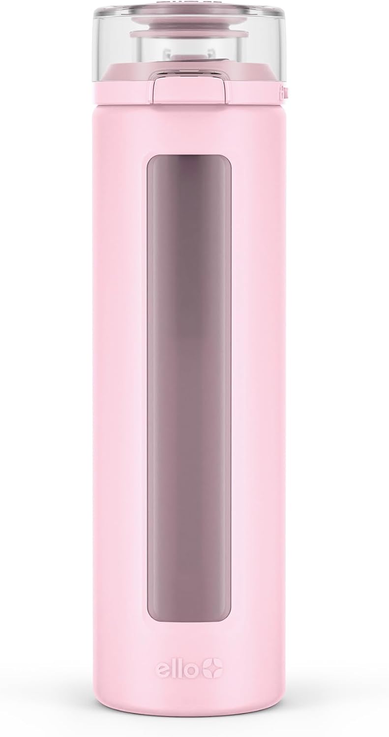 Ello Syndicate 20oz Glass Water Bottle with Flip Lid and Sleeve, Cashmere