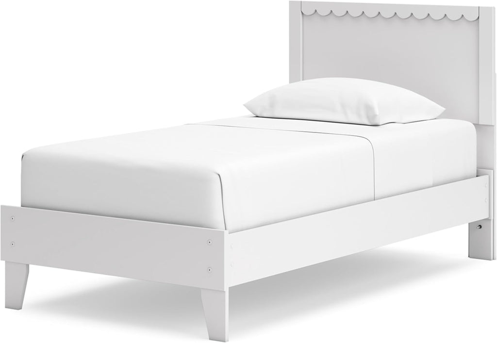 Signature Design by Ashley Hallityn Twin Scalloped Bed Frame, White | Scalloped headboard for cottage charm, Durable engineered wood, 350-lb capacity platform design