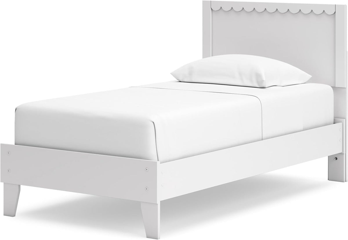 Signature Design by Ashley Hallityn Twin Scalloped Bed Frame, White | Scalloped headboard for cottage charm, Durable engineered wood, 350-lb capacity platform design