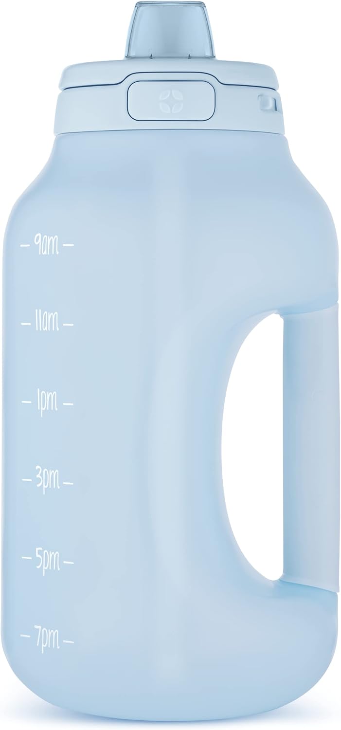 Ello Hydra 64oz Half Gallon Water Jug with Handle and Motivational Time Markers for All Day Hydration, Plastic Reusable Water Bottle with Straw and Locking, Leak Proof Lid, BPA Free, Halogen Blue