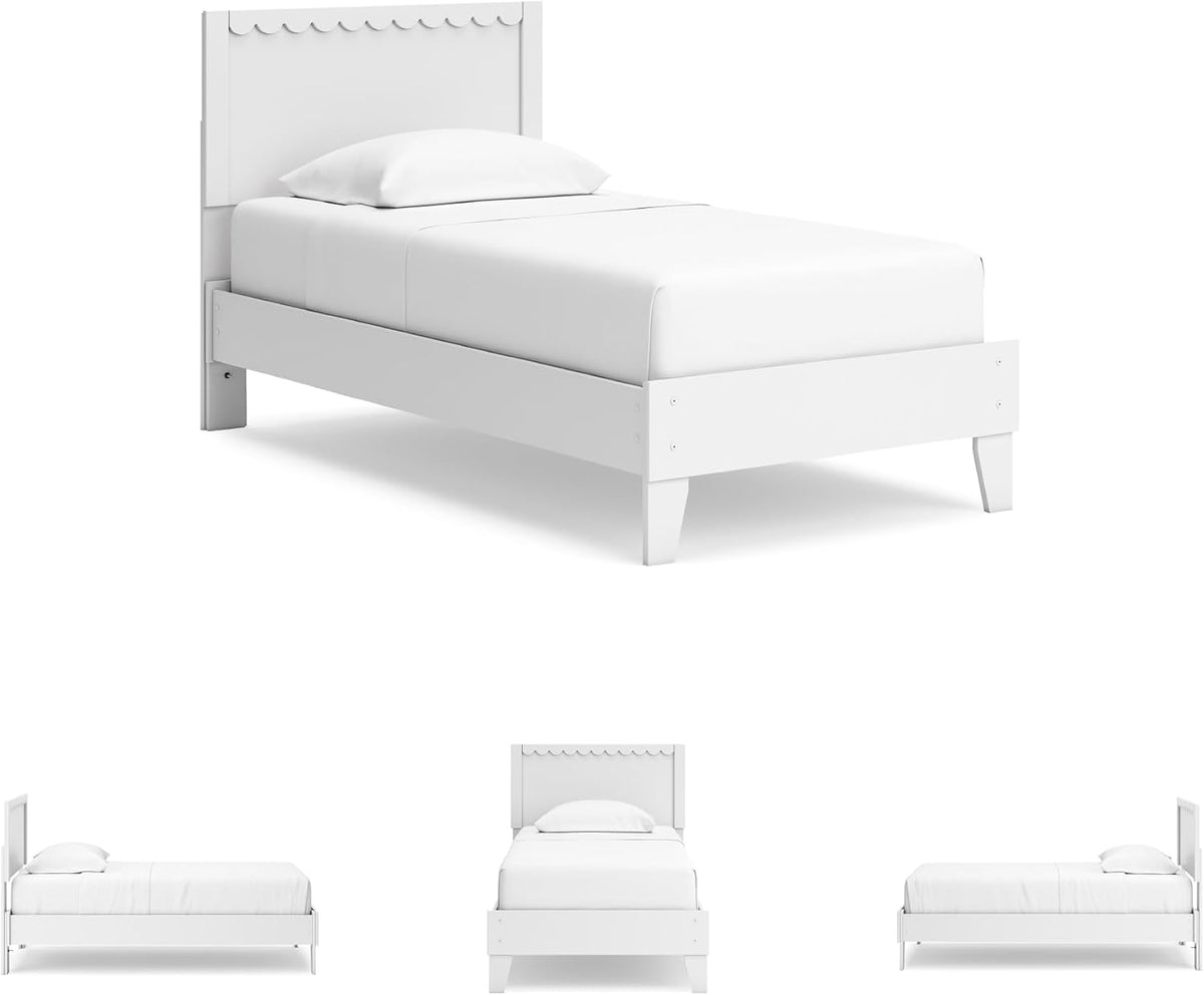 Signature Design by Ashley Hallityn Twin Scalloped Bed Frame, White | Scalloped headboard for cottage charm, Durable engineered wood, 350-lb capacity platform design