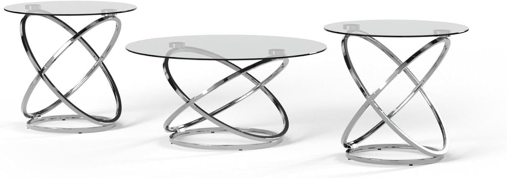Signature Design by Ashley Hollynyx Round Glass Coffee Table Set of 3 | Tempered glass and chrome frames, Includes 38-in round coffee table and 2 26-in end tables, Adjustable levelers