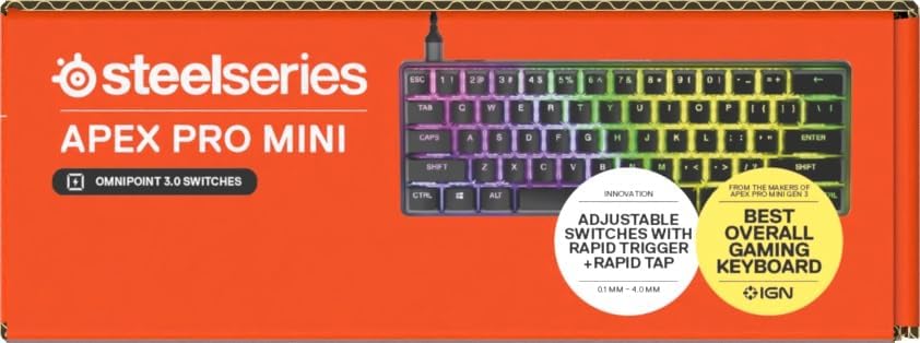 SteelSeries Apex Pro Mini Gen 3 Gaming Keyboard - 60 Percent Hall Effect Keyboard, Magnetic Keyboard with OmniPoint 3.0 Switches - Adjustable Actuation, Rapid Trigger, Rapid Tap/SOCD - English QWERTY