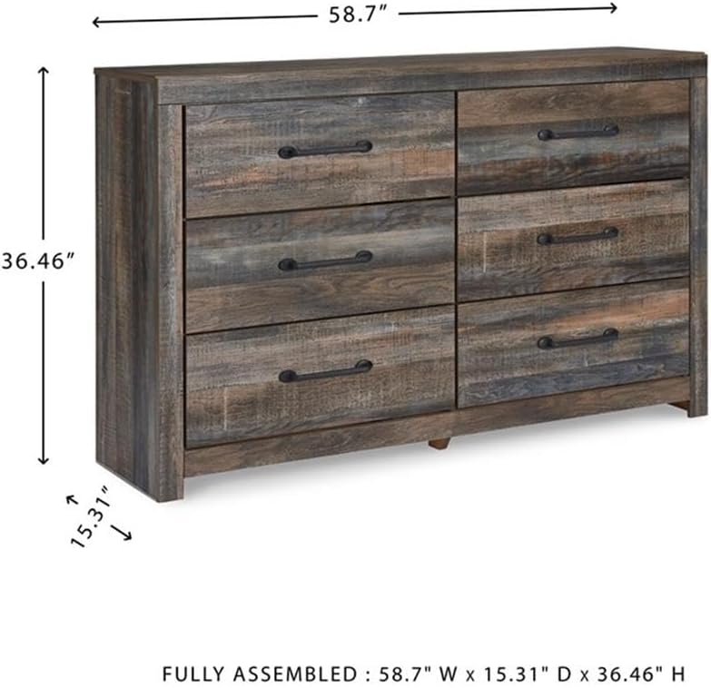 Signature Design by Ashley Rustic 6 Drawer Bedroom Dresser, Drystan | Faux linen drawer lining, Rustic brown finish with subtle teal accents, Sturdy 59-inch wide engineered wood frame