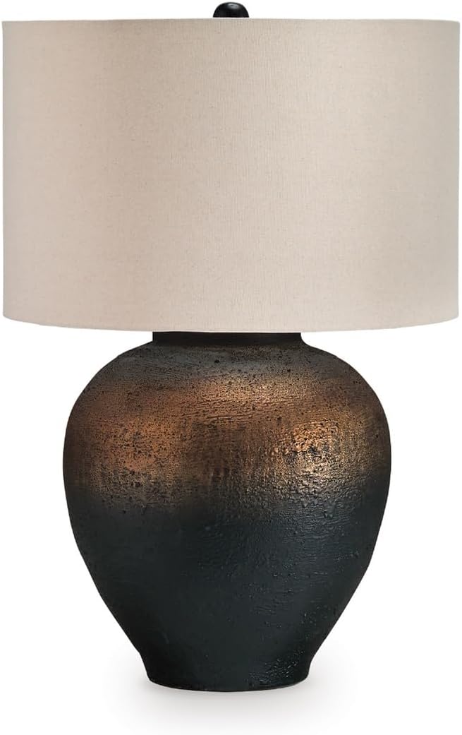 Signature Design by Ashley Newgerhard 1-Piece Table Lamp, 30.5 in, Metal | Textured rustic metal base, Cotton drum shade, Adjustable 3-way brightness, Large industrial style