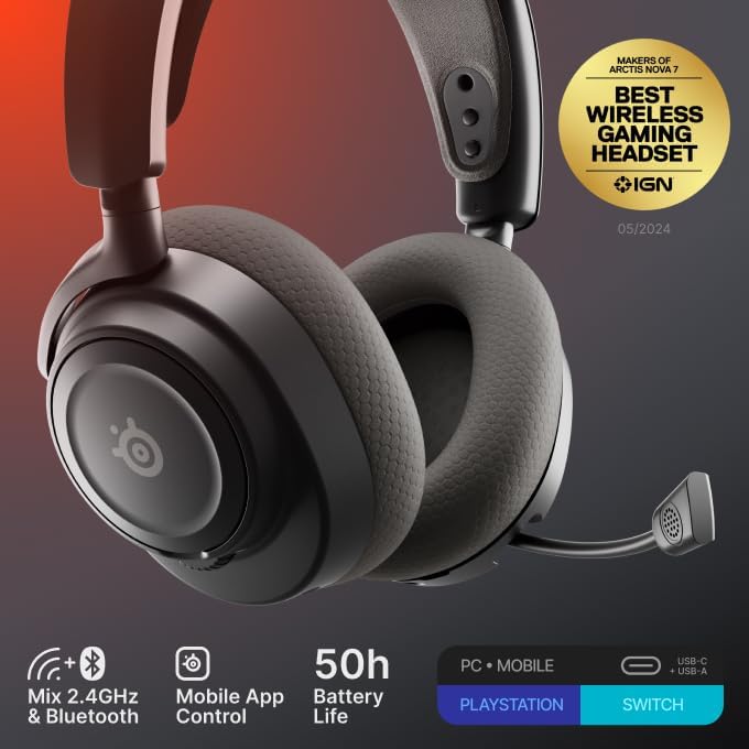 SteelSeries Arctis Nova 7 Wireless Gen 2 - Wireless Gaming Headset for PC - Compatible with PC, PS5, Switch & more - Mobile App Control - 50+ HR with Fast Charge - Mixable 2.4GHz/Bluetooth - Black