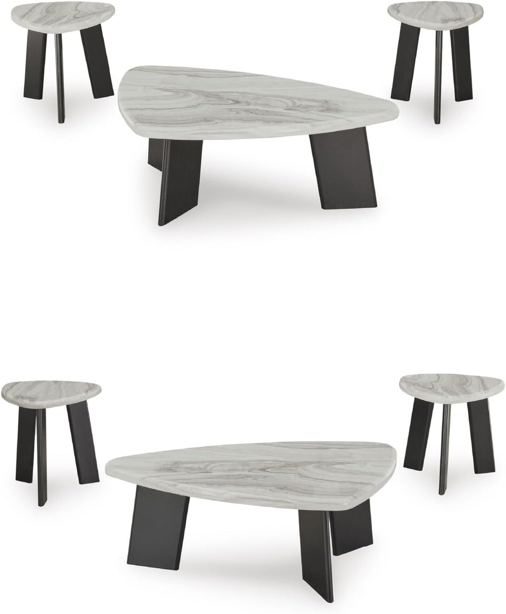 Signature Design by Ashley Lilyberg 3 Piece Coffee Table Set, Black Legs | Engineered wood and decorative laminate, Replicated Carrara marble top, Triangular modern coffee table set, Living room use