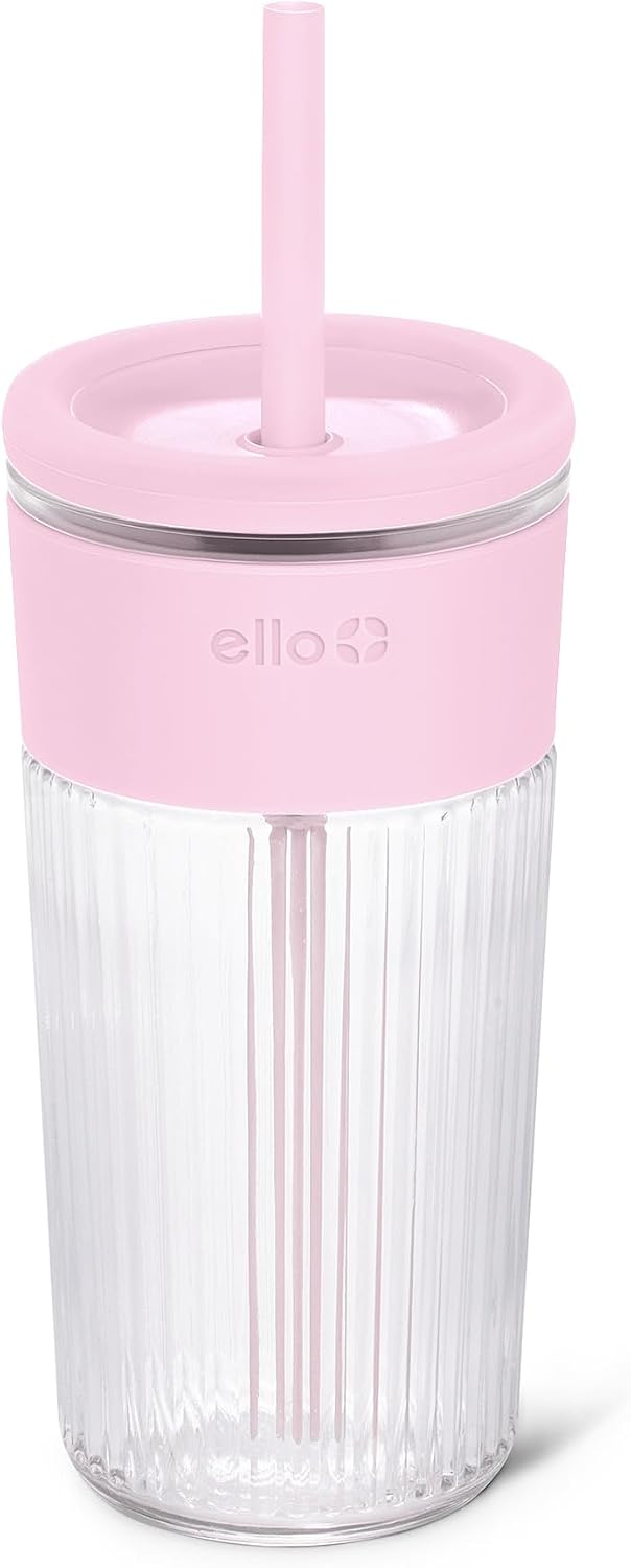Ello Ava 18oz Glass Tumbler with Straw and Lid for Iced Coffee,Pink Orchard