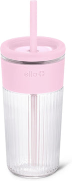 Ello Ava 18oz Glass Tumbler with Straw and Lid for Iced Coffee,Pink Orchard