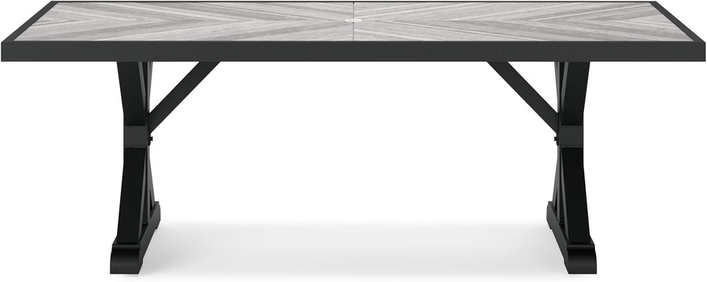 Signature Design by Ashley Beachcroft Outdoor Dining Table, Rust-Resistant Farmhouse Design with Porcelain Tabletop and Umbrella Hole, for Patio Entertaining, Black/Light Gray, 84-Inch