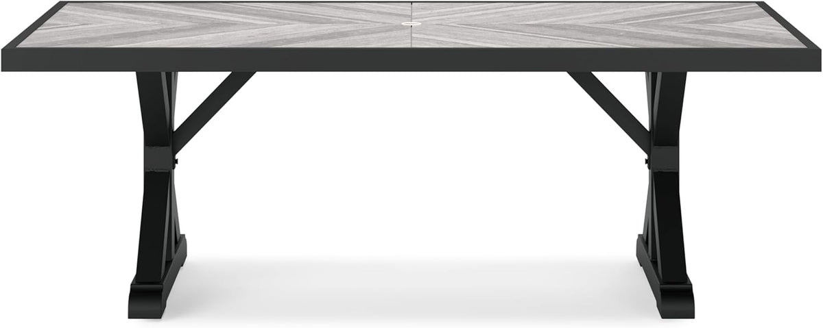 Signature Design by Ashley Beachcroft Outdoor Dining Table, Rust-Resistant Farmhouse Design with Porcelain Tabletop and Umbrella Hole, for Patio Entertaining, Black/Light Gray, 84-Inch