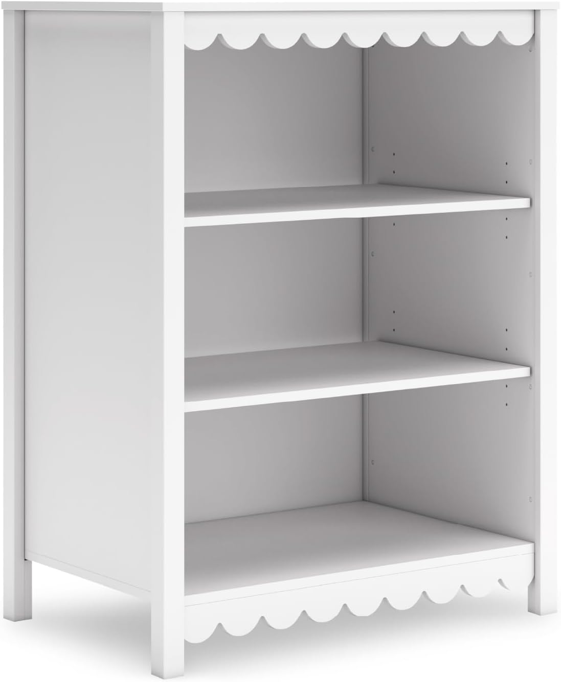 Signature Design by Ashley 3-Tier Scalloped Bookshelf, Matte White Bookcase | Deep 20-inch profile for oversized bins, Durable engineered wood frame with 2 adjustable shelves, Hallityn Series