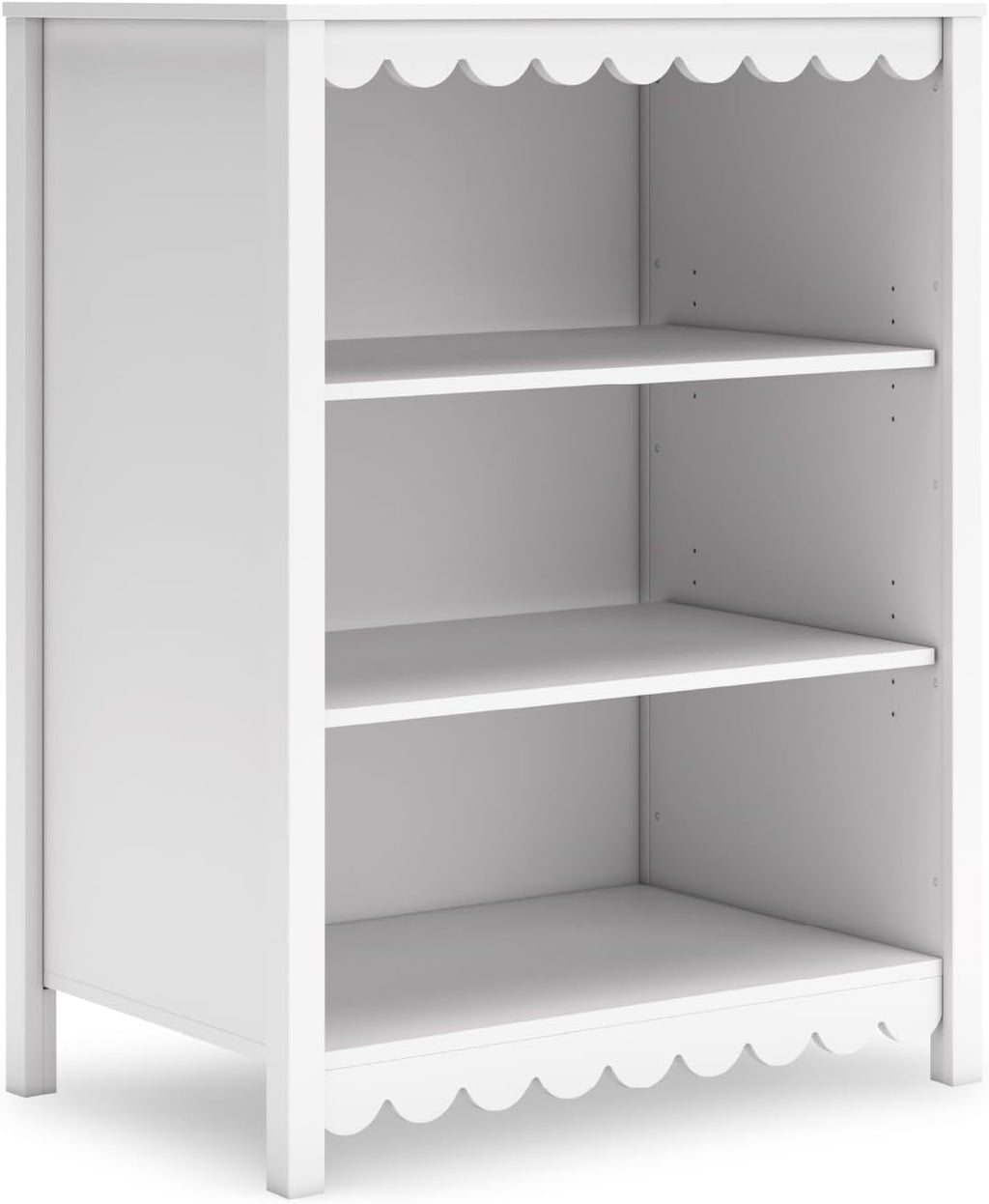 Signature Design by Ashley 3-Tier Scalloped Bookshelf, Matte White Bookcase | Deep 20-inch profile for oversized bins, Durable engineered wood frame with 2 adjustable shelves, Hallityn Series