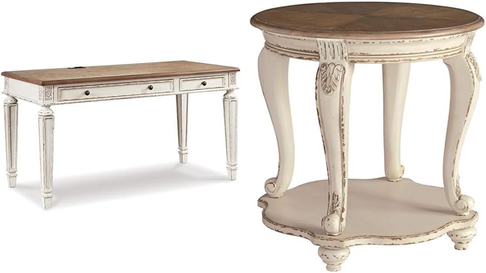 Ashley Realyn 60" Home Office Desk with USB Charging & Round End Table, Chipped White