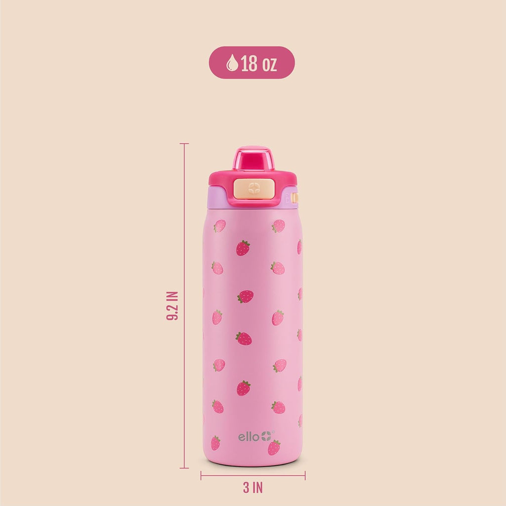Ello Kids Pop & Fill 18oz Stainless Water Bottle, Sip or Chug, Strawberries
