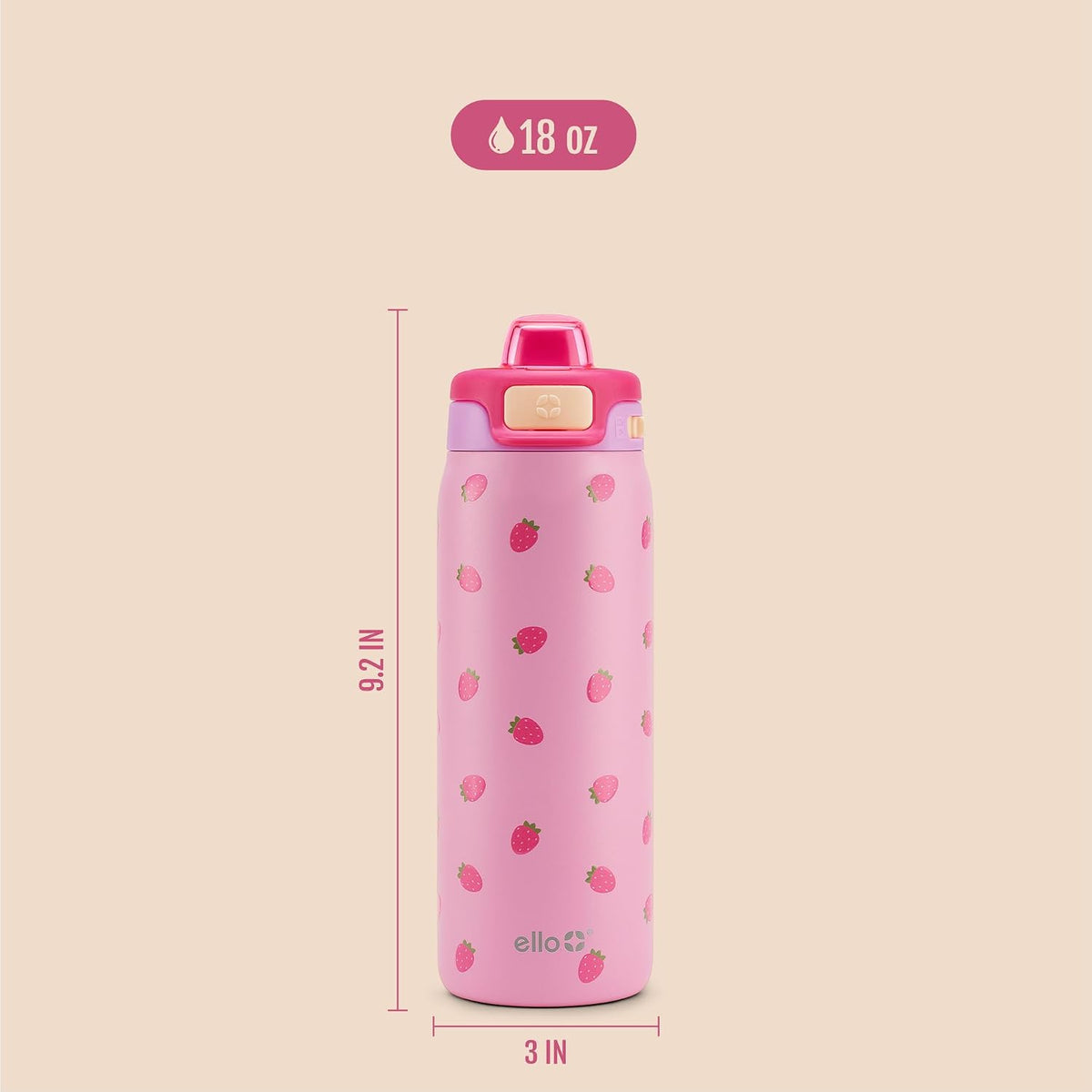 Ello Kids Pop & Fill 18oz Stainless Water Bottle, Sip or Chug, Strawberries