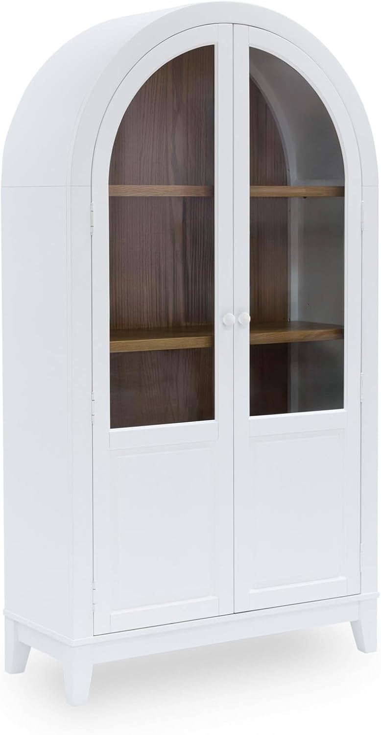 Signature Design by Ashley Dagandale Arched Accent Cabinet with Glass Doors, Quick 15-Minute Assembly, Wood and Tempered Glass, Display Storage for Living Rooms, White/Natural, 40" W x 74" H
