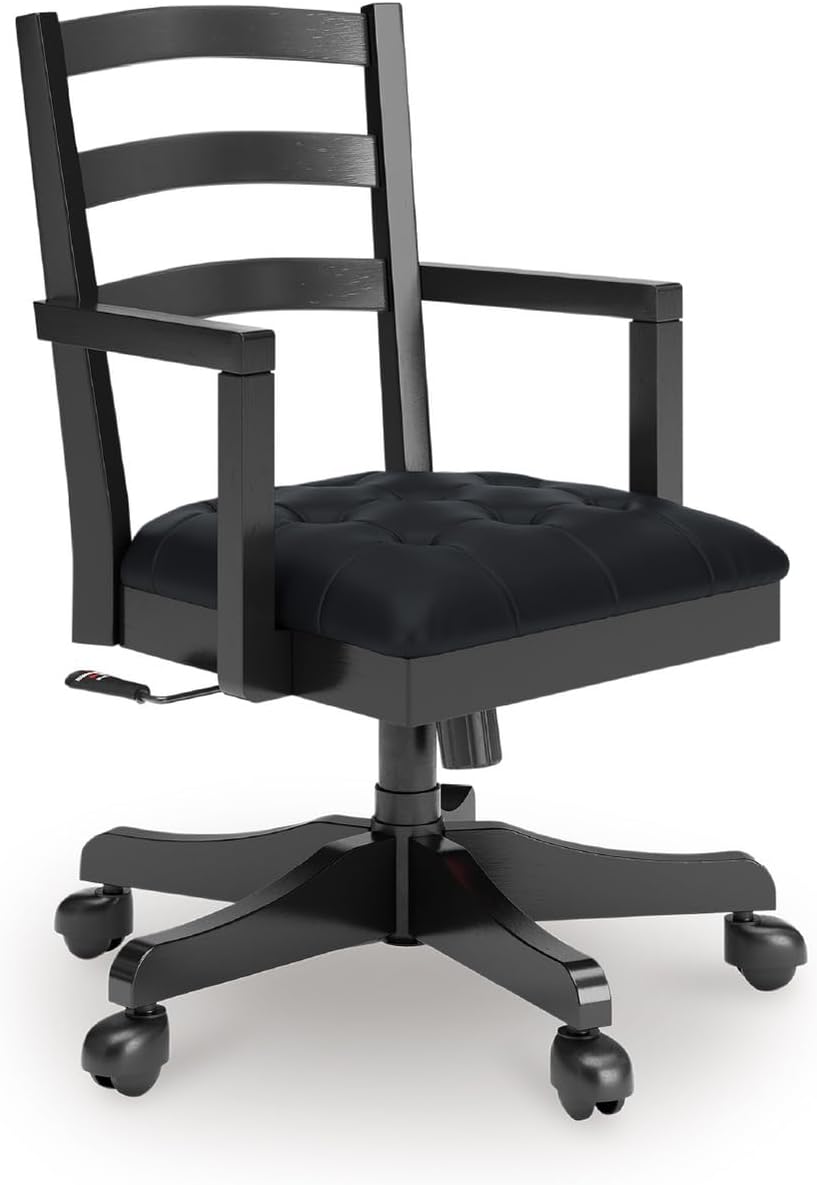Signature Design by Ashley Wildenauer 1-Piece Swivel Desk Chair, Black | Wood swivel desk chair, Classic ladder back design, Foam cushioned seat, Durable black polyester fabric