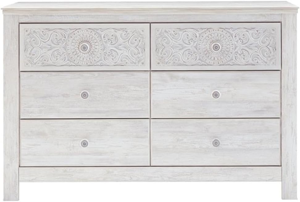 Signature Design by Ashley 6-Drawer Bedroom Dresser, Whitewash, Paxberry | Durable engineered wood and decorative laminate, Arrives pre-assembled for a 5-minute setup, Boho chic whitewash design