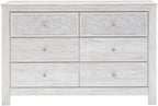 Signature Design by Ashley 6-Drawer Bedroom Dresser, Whitewash, Paxberry | Durable engineered wood and decorative laminate, Arrives pre-assembled for a 5-minute setup, Boho chic whitewash design