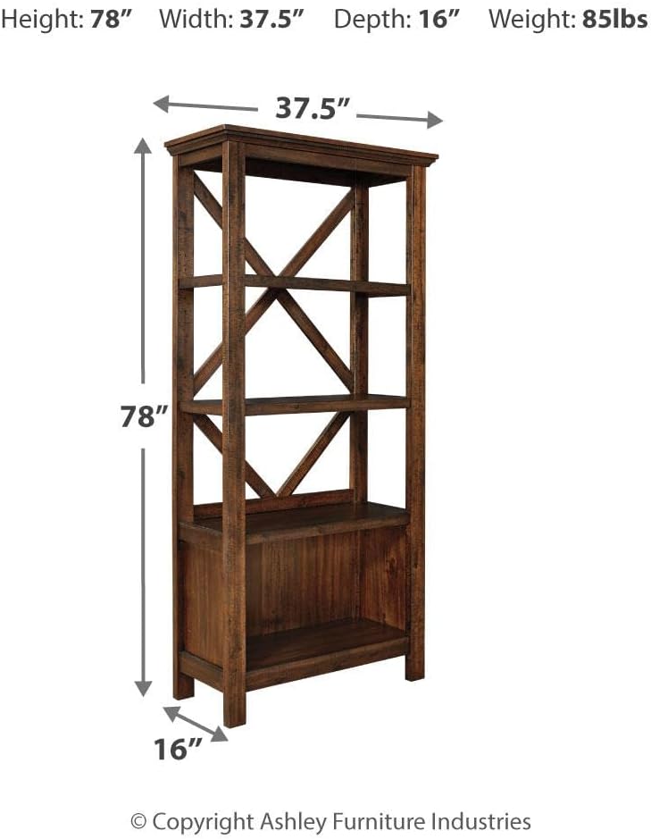 Signature Design by Ashley Baldridge 4-Shelf Bookcase, Rustic Brown | Durable blend of veneers, wood and engineered wood, Vintage textured look, Deep 12.75" shelves for office storage