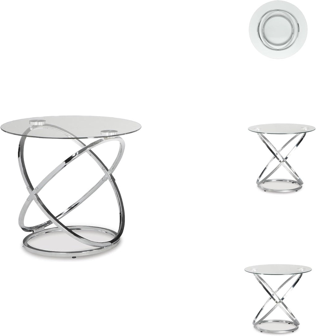 Signature Design by Ashley Hollynyx Round Glass Coffee Table Set of 3 | Tempered glass and chrome frames, Includes 38-in round coffee table and 2 26-in end tables, Adjustable levelers