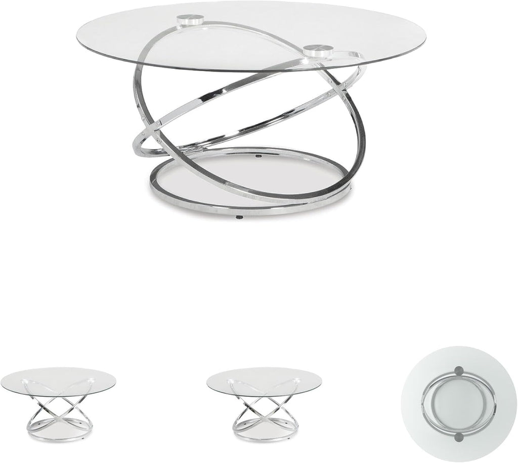 Signature Design by Ashley Hollynyx Round Glass Coffee Table Set of 3 | Tempered glass and chrome frames, Includes 38-in round coffee table and 2 26-in end tables, Adjustable levelers