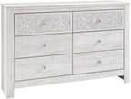 Signature Design by Ashley 6-Drawer Bedroom Dresser, Whitewash, Paxberry | Durable engineered wood and decorative laminate, Arrives pre-assembled for a 5-minute setup, Boho chic whitewash design
