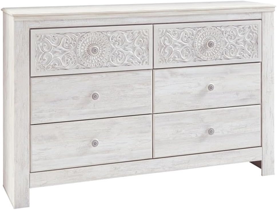 Signature Design by Ashley 6-Drawer Bedroom Dresser, Whitewash, Paxberry | Durable engineered wood and decorative laminate, Arrives pre-assembled for a 5-minute setup, Boho chic whitewash design