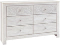 Signature Design by Ashley 6-Drawer Bedroom Dresser, Whitewash, Paxberry | Durable engineered wood and decorative laminate, Arrives pre-assembled for a 5-minute setup, Boho chic whitewash design