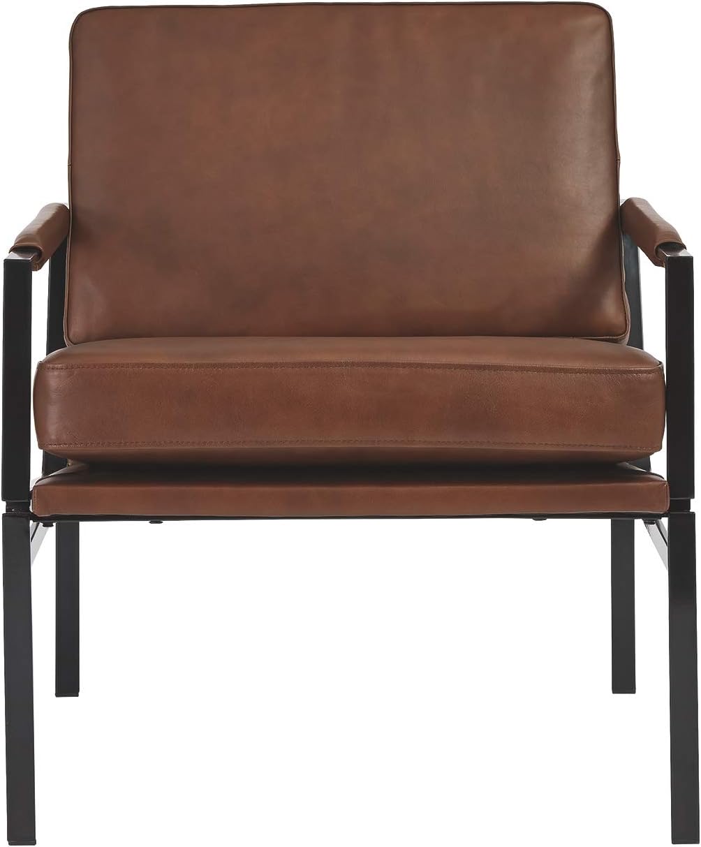 Signature Design by Ashley Puckman Accent Chair, Brown Leather Armchair | Leather and faux leather blend, Bronze-tone metal frame, 26-in wide seat, Upholstered track arms, Living room use