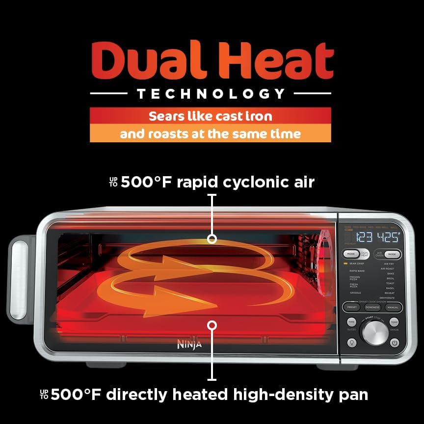 Ninja Foodi Smart Dual Heat Air Fry Oven, 13-in-1, Silver, SP351 | Smart Cook thermometer, 500F SearPlate, Air fry, sear crisp, roast, bake, dehydrate, 1800W
