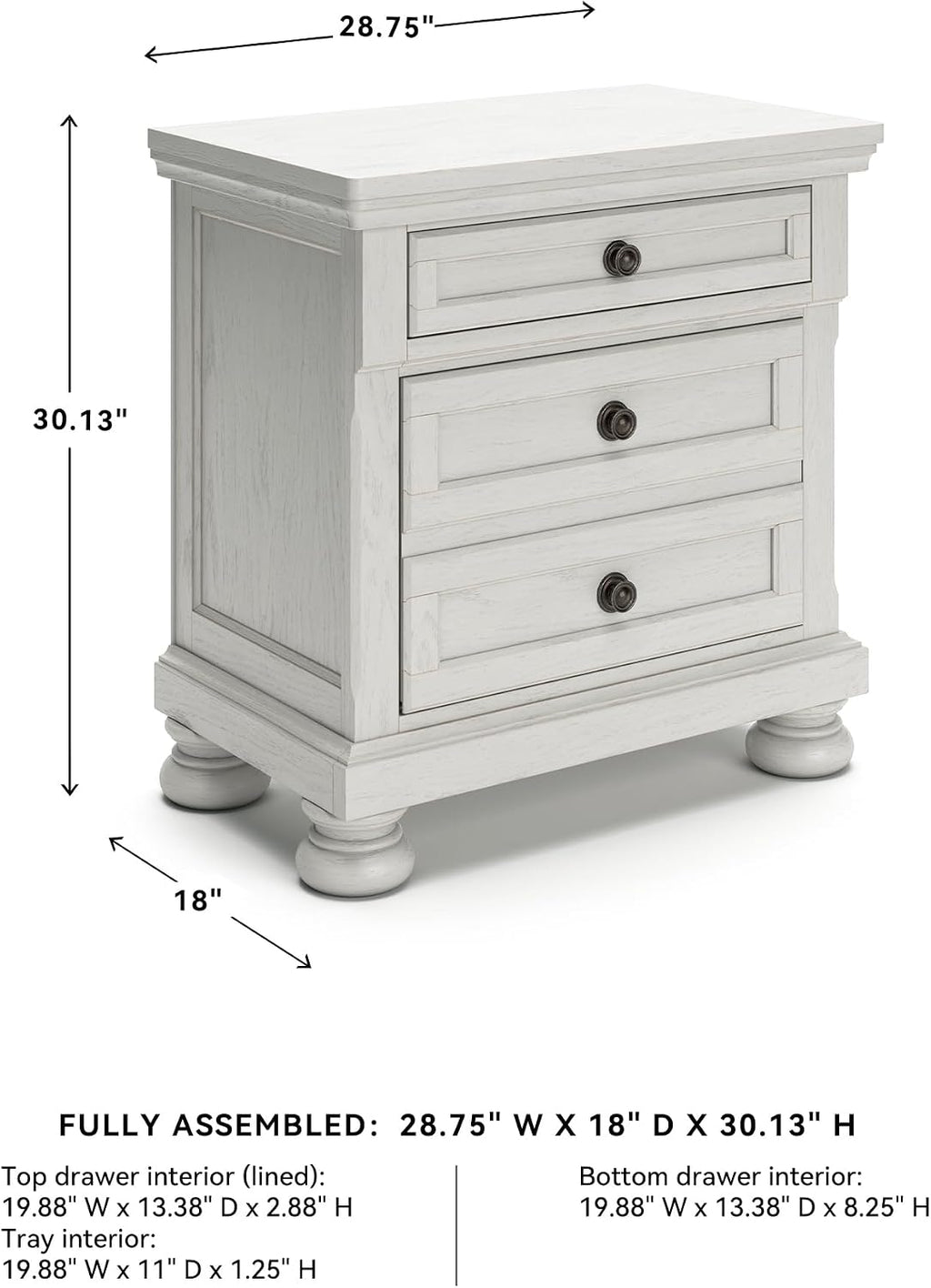Signature Design by Ashley Tall Antique White Nightstand Wood Bedside Table | Two dovetail drawers, Hidden pull-out tray for valuables, Textured antiqued white oak finish, Robbinsdale Series