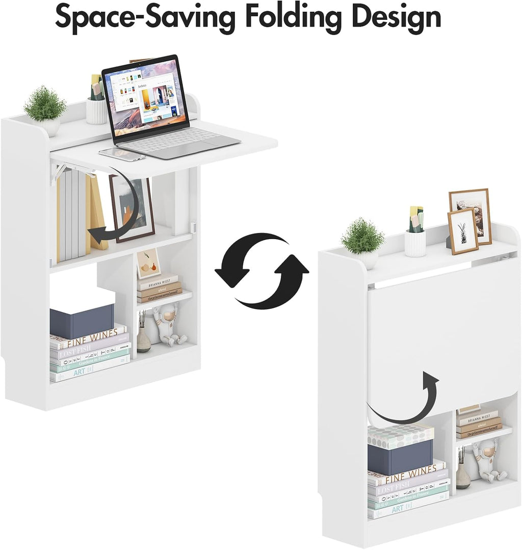 Wall Mounted Table Folding Desk,Drop Leaf Floating Table w/4 Storage Shelve