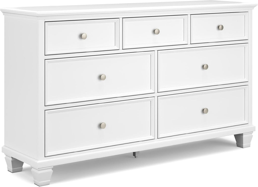 Signature Design by Ashley Fortman White 7-Drawer Wide Dresser for Bedroom | Painted wood chest, Tapered feet, Smooth ball-bearing glides, Durable hardwood solids and MDF substrate construction