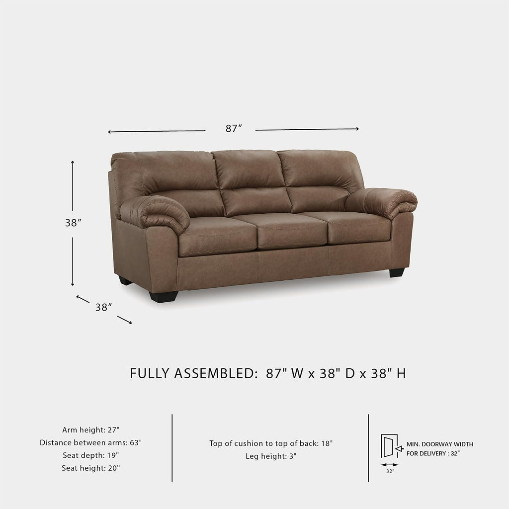 Signature Design by Ashley Caramel Faux Leather Sofa, No Assembly Required | Anti-sag platform deck, Caramel 98% polyester and 2% PU blend, Contemporary 3-seater design, Walker Point Series
