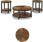 Signature Design by Ashley Roybeck 3-Piece Wood Coffee and End Table Set | Round tables with fixed lower shelves, Dark bronze-tone frame, Veneers, wood and engineered wood, Natural acacia finish