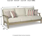 Signature Design by Ashley Clare View 1-Piece Eucalyptus Outdoor Sofa | Weather-shielded 5-step eucalyptus finish, Stain-resistant Nuvella fabric, Deep-seated 3-person frame with 4 accent pillows