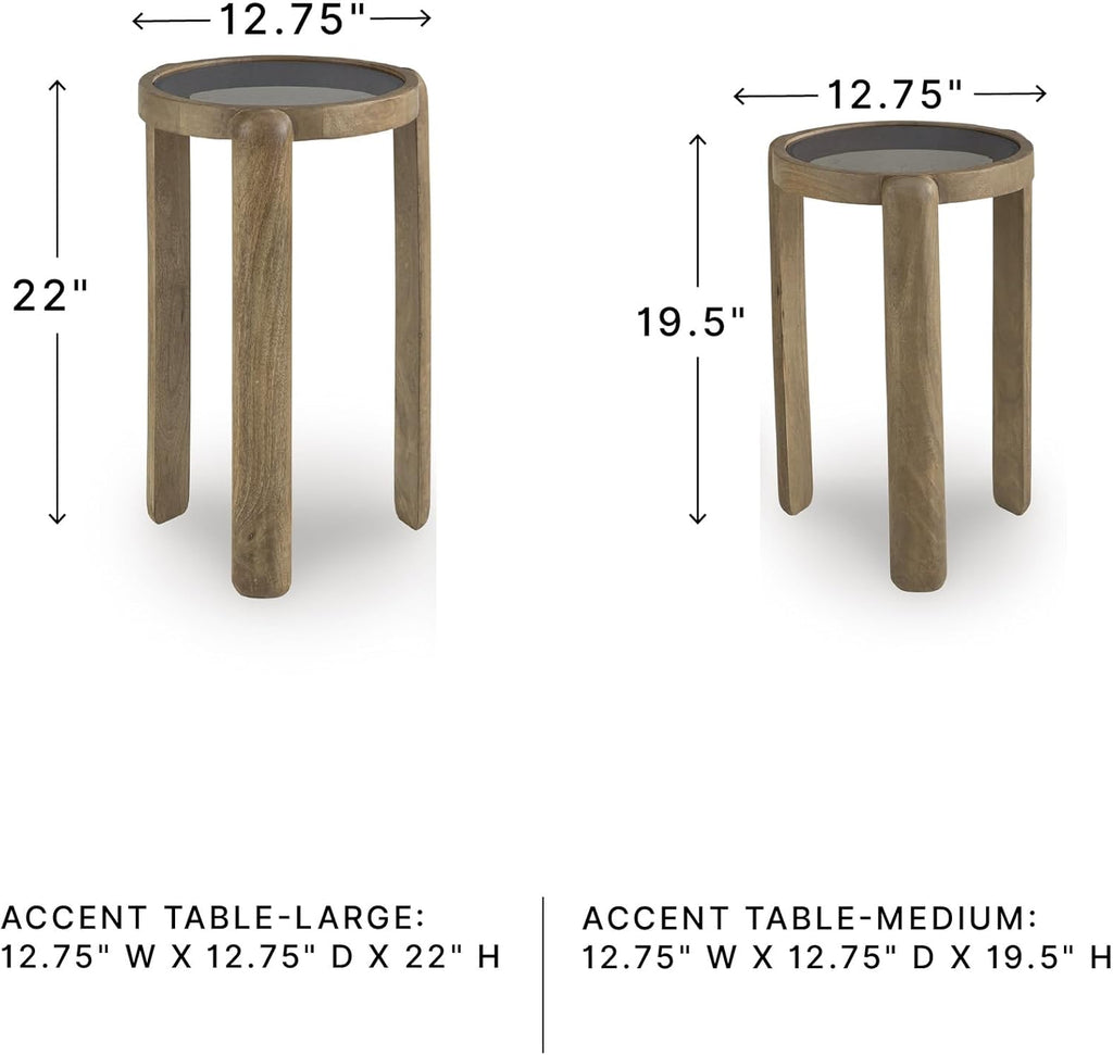 Signature Design by Ashley Round Nesting Mango Wood End Table Set of 2 | Light brown tempered glass tops with natural wood finish frames, Space saving compact nesting side tables, Jossor Series