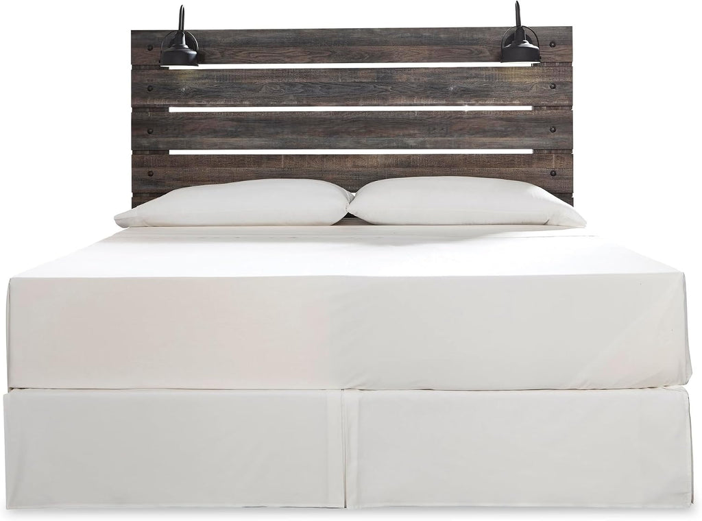 Signature Design by Ashley Drystan King Panel Headboard, Brown | Engineered wood laminate, Built-in LED sconces, Dual USB charging ports, Rustic industrial style