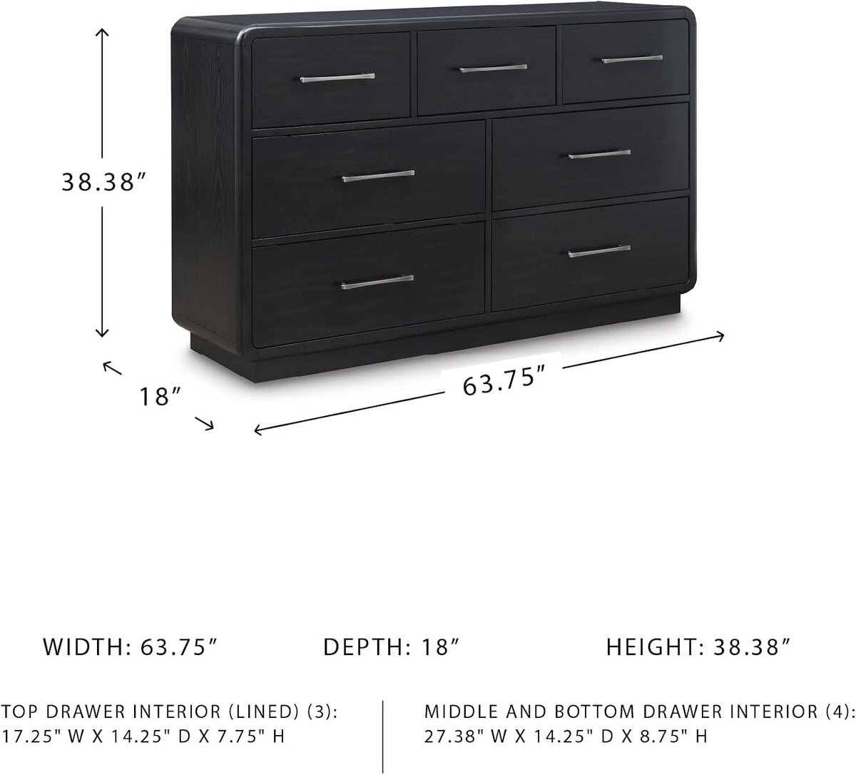 Signature Design by Ashley Rowanbeck Dresser, Black Wood 7 Drawer Chest for Bedroom, Hardwood Solids and Ash Veneer, Contemporary Storage for Master Suites, Black, 64" W
