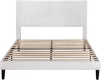 Allewie Queen Bed Frame/Velvet Upholstered Bed Frame with Vertical Channel Tufted Headboard/Strong Wooden Slats/Platform Bed Frame/Mattress Foundation/Box Spring Optional/Easy Assembly/White