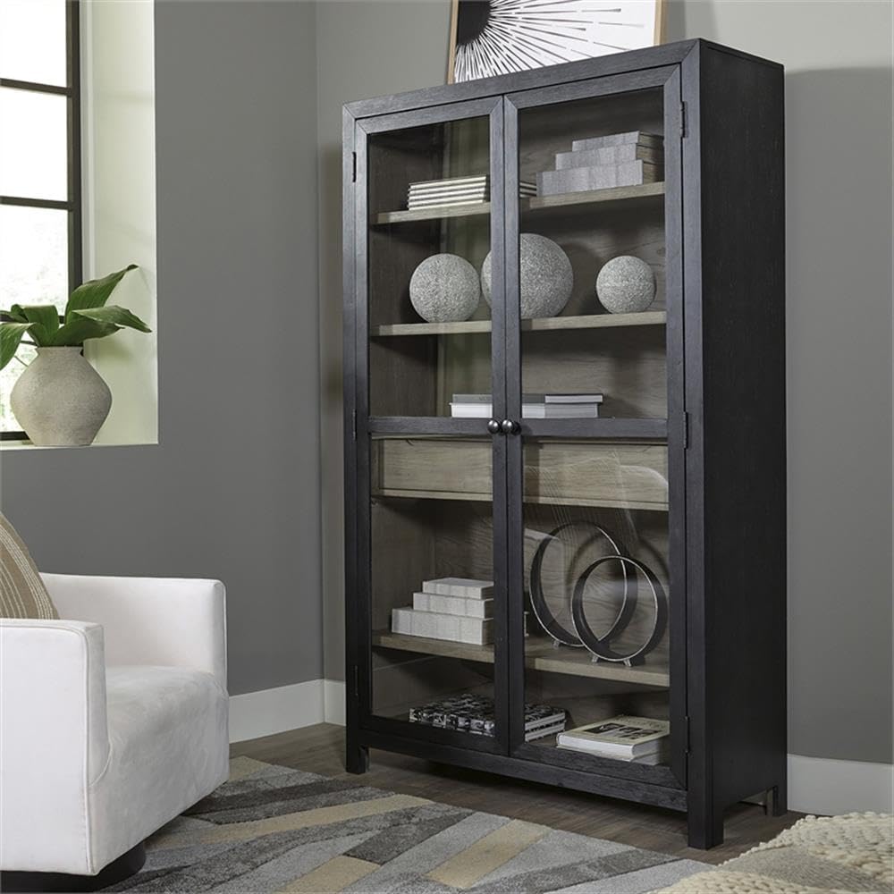 Signature Design by Ashley Lenston Black Accent Cabinet with Glass Doors | Tempered glass doors, 3 adjustable shelves, Wood oak veneer and engineered wood construction, 1 soft-close drawer