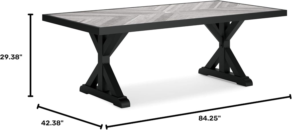 Signature Design by Ashley Beachcroft Outdoor Dining Table, Rust-Resistant Farmhouse Design with Porcelain Tabletop and Umbrella Hole, for Patio Entertaining, Black/Light Gray, 84-Inch