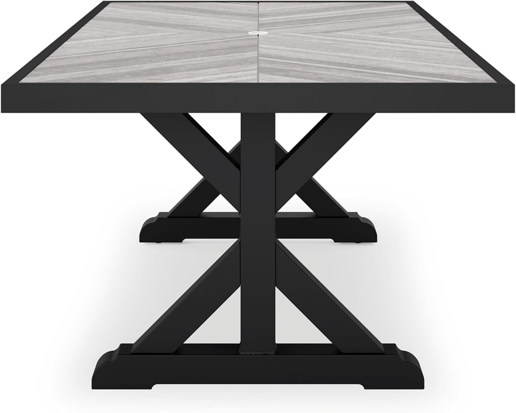 Signature Design by Ashley Beachcroft Outdoor Dining Table, Rust-Resistant Farmhouse Design with Porcelain Tabletop and Umbrella Hole, for Patio Entertaining, Black/Light Gray, 84-Inch