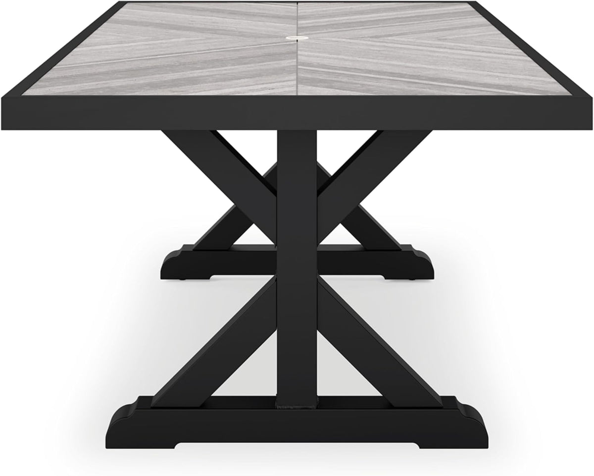 Signature Design by Ashley Beachcroft Outdoor Dining Table, Rust-Resistant Farmhouse Design with Porcelain Tabletop and Umbrella Hole, for Patio Entertaining, Black/Light Gray, 84-Inch