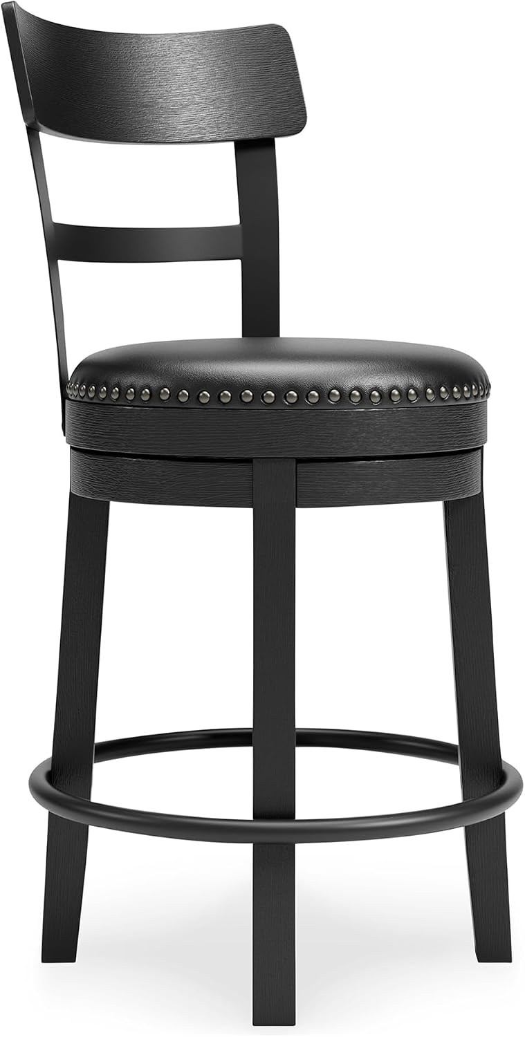 Signature Design by Ashley 1-Piece Counter Height Bar Stool, Black Swivel | Easy-clean leather and faux leather combination seat, Rustic farmhouse style with antiqued finish, Valebeck Series