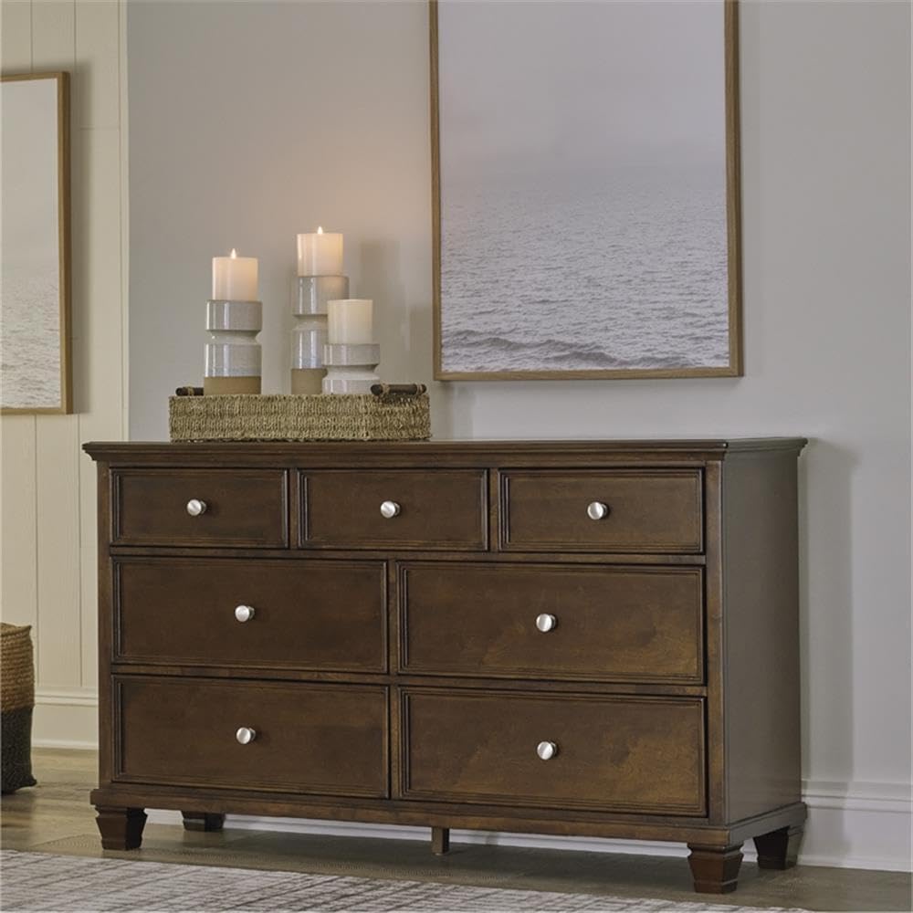 Signature Design by Ashley Traditional 7 Drawer Dresser, Dark Cherry | 62-inch wide dresser made of hardwood solids, birch veneer and MDF substrate, Dark cherry wood finish, Danabrin Series